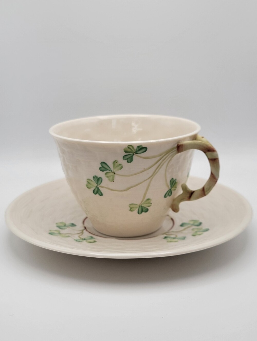BELLEEK Shamrock Clover Vintage Basket Weave Tea Cup and Saucer Irish